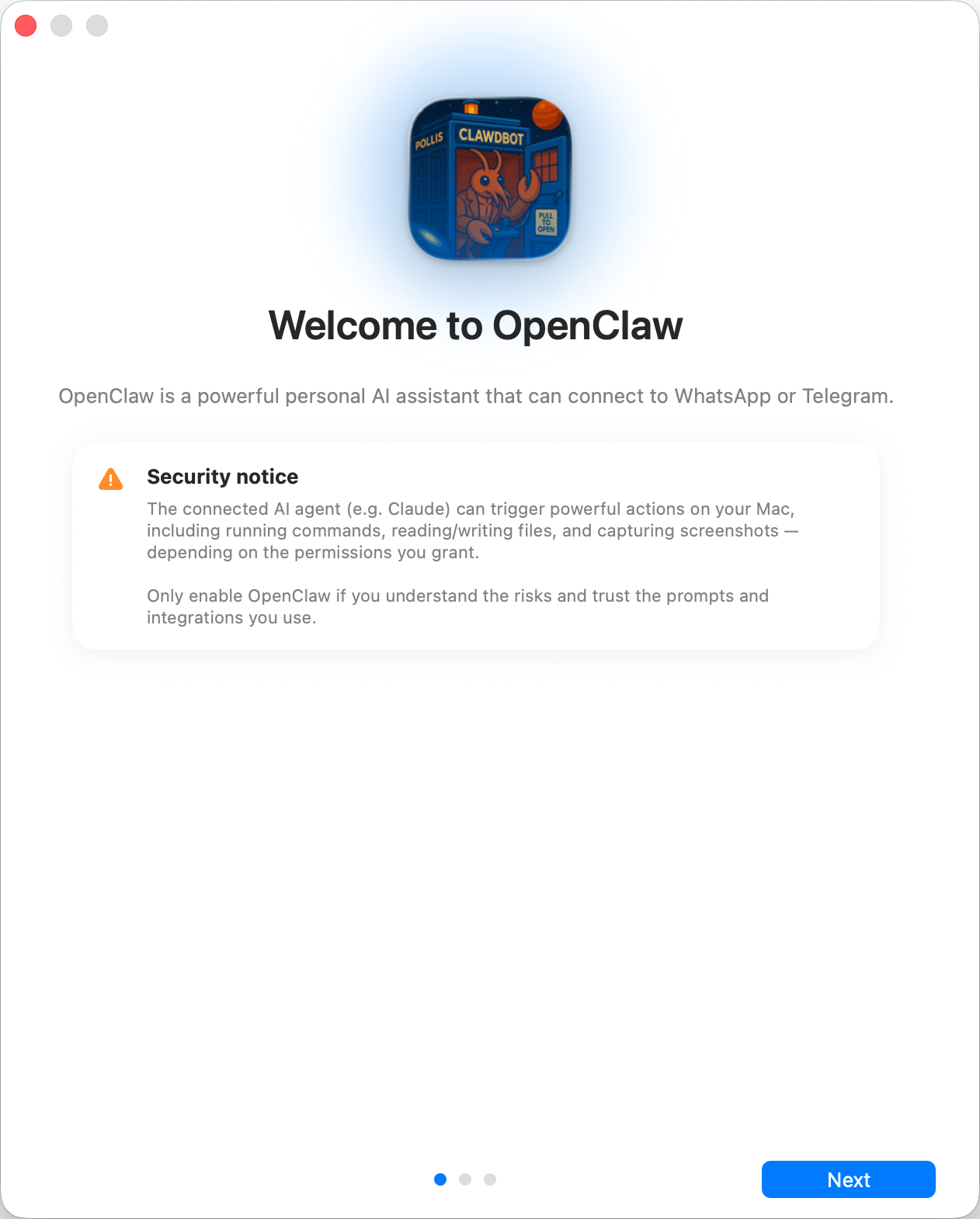 OpenClaw 欢迎页与安全说明